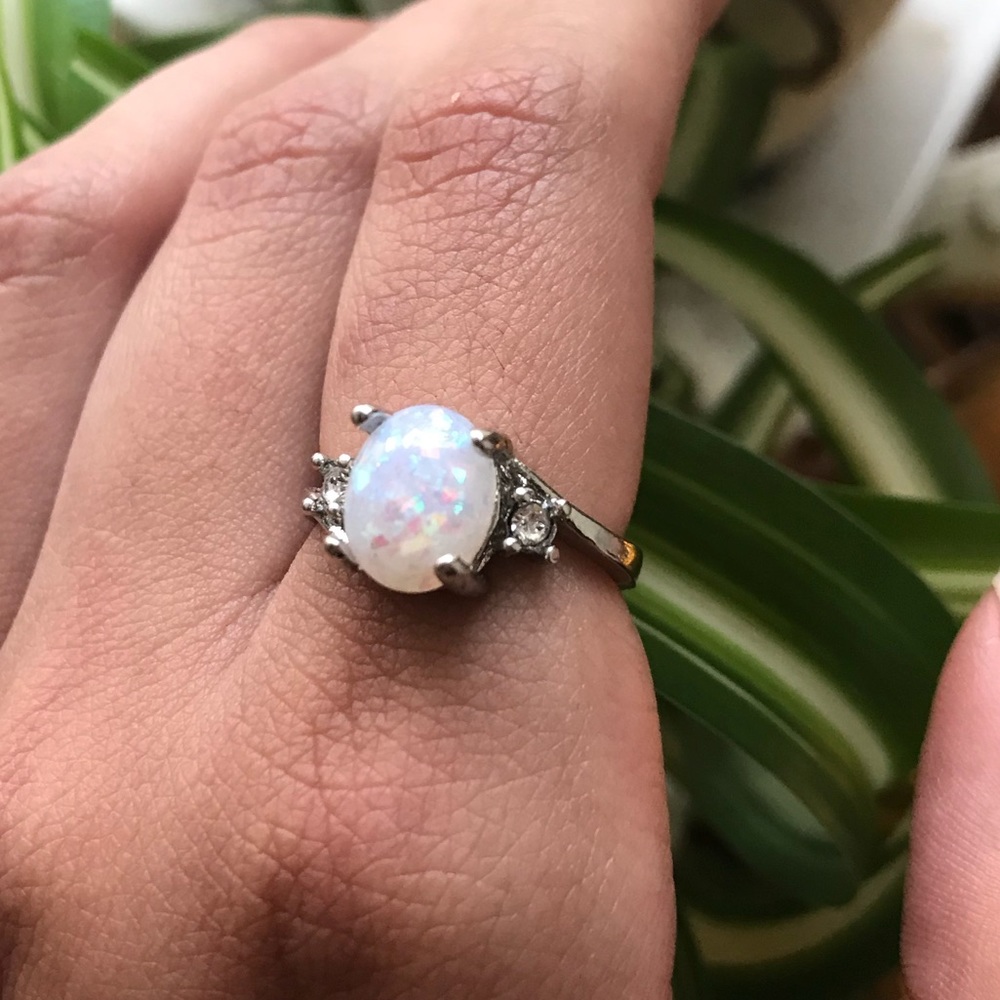 Oval White Opal Like Ring